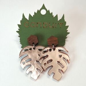 Handmade Mirror Rose Leaf Dangle Earrings by Conduit Press High-Quality Acrylic